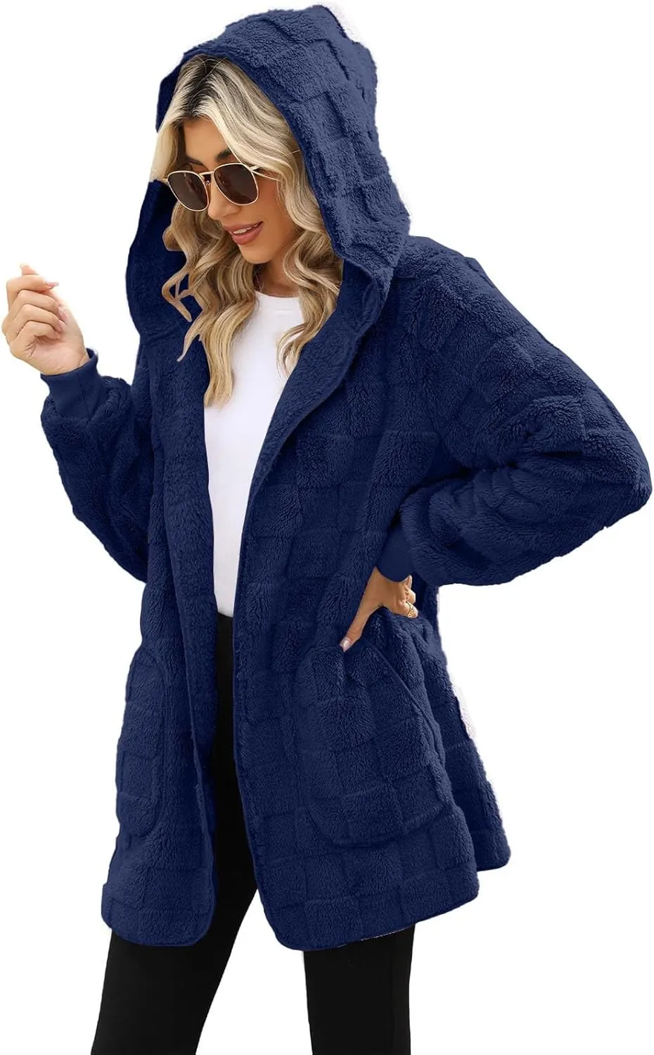 Womens Fleece Jacket Open Front Hooded Cardigan Warm Winter Coat Sherpa Fuzzy Teddy Jacket Outerwear with Pockets