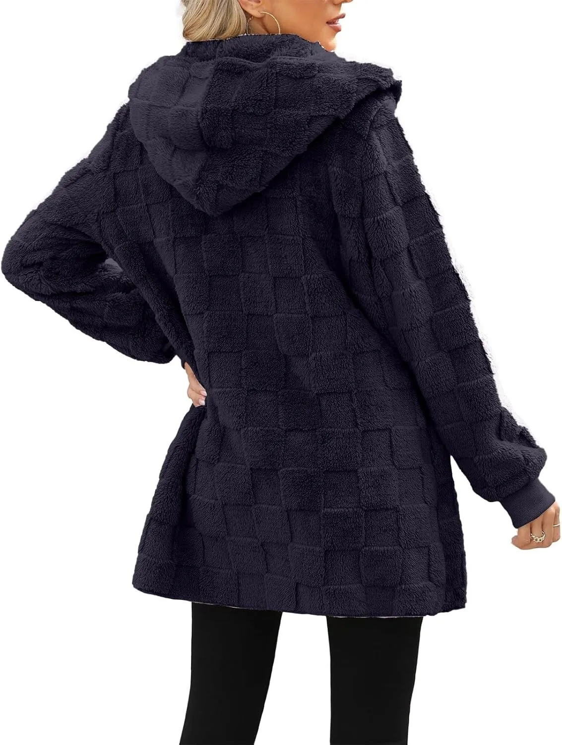 Womens Fleece Jacket Open Front Hooded Cardigan Warm Winter Coat Sherpa Fuzzy Teddy Jacket Outerwear with Pockets
