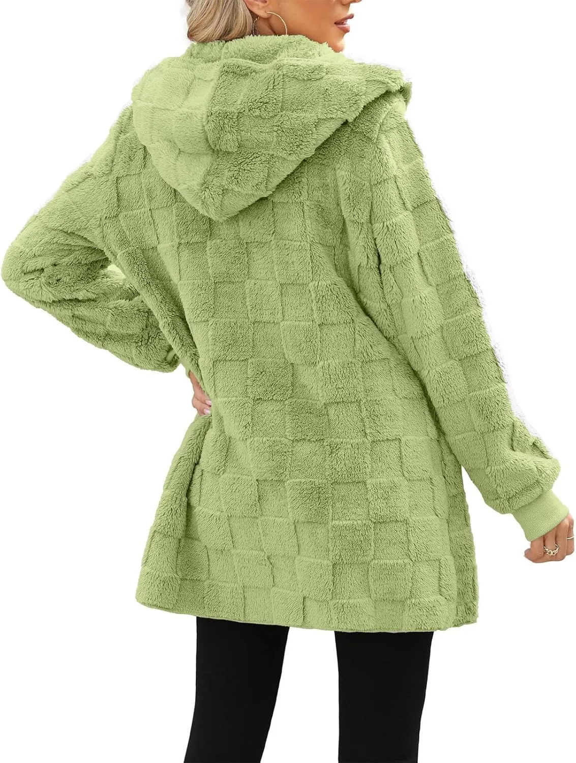 Womens Fleece Jacket Open Front Hooded Cardigan Warm Winter Coat Sherpa Fuzzy Teddy Jacket Outerwear with Pockets