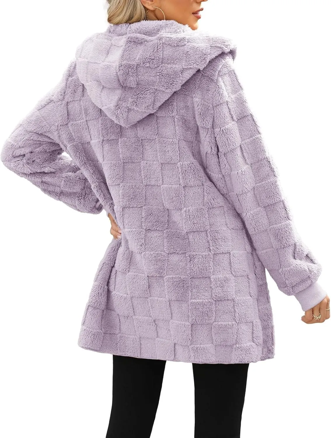 Womens Fleece Jacket Open Front Hooded Cardigan Warm Winter Coat Sherpa Fuzzy Teddy Jacket Outerwear with Pockets