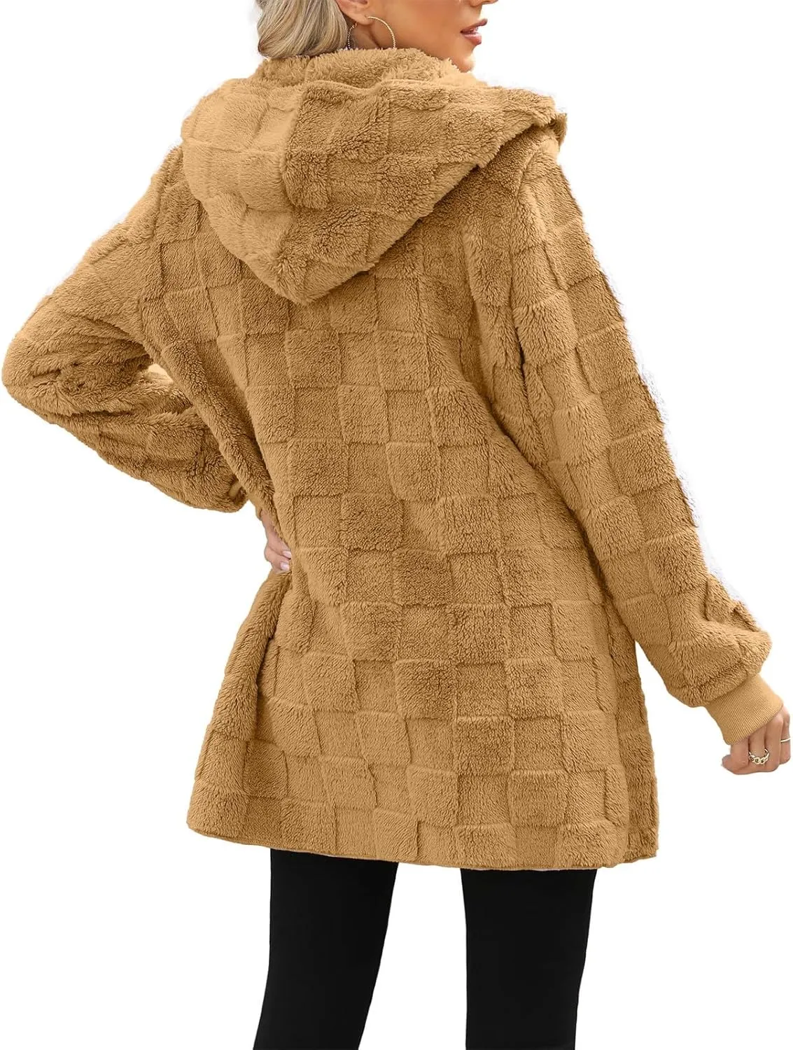 Womens Fleece Jacket Open Front Hooded Cardigan Warm Winter Coat Sherpa Fuzzy Teddy Jacket Outerwear with Pockets