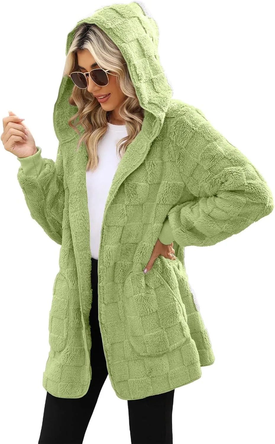Womens Fleece Jacket Open Front Hooded Cardigan Warm Winter Coat Sherpa Fuzzy Teddy Jacket Outerwear with Pockets