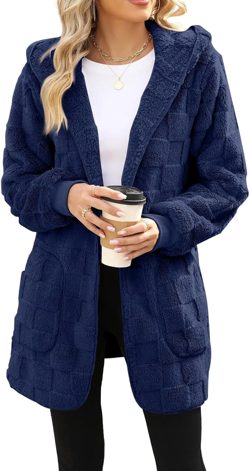 Womens Fleece Jacket Open Front Hooded Cardigan Warm Winter Coat Sherpa Fuzzy Teddy Jacket Outerwear with Pockets