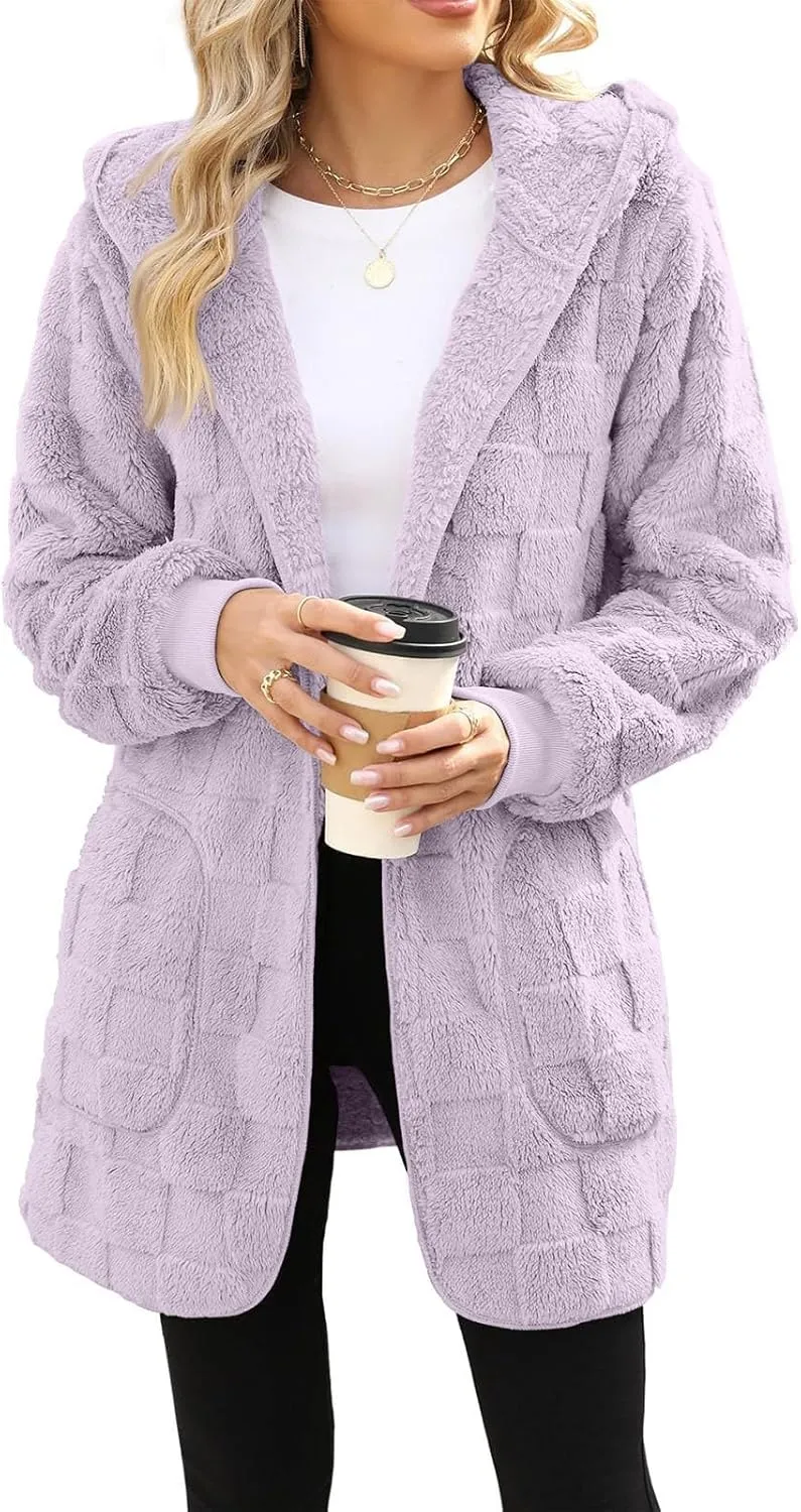 Womens Fleece Jacket Open Front Hooded Cardigan Warm Winter Coat Sherpa Fuzzy Teddy Jacket Outerwear with Pockets