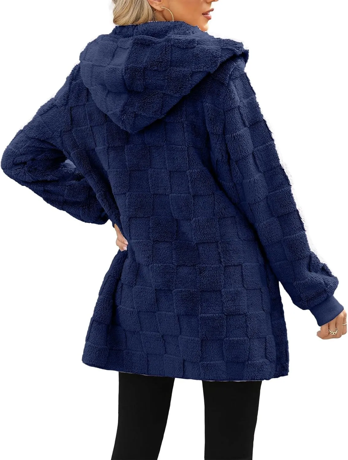 Womens Fleece Jacket Open Front Hooded Cardigan Warm Winter Coat Sherpa Fuzzy Teddy Jacket Outerwear with Pockets