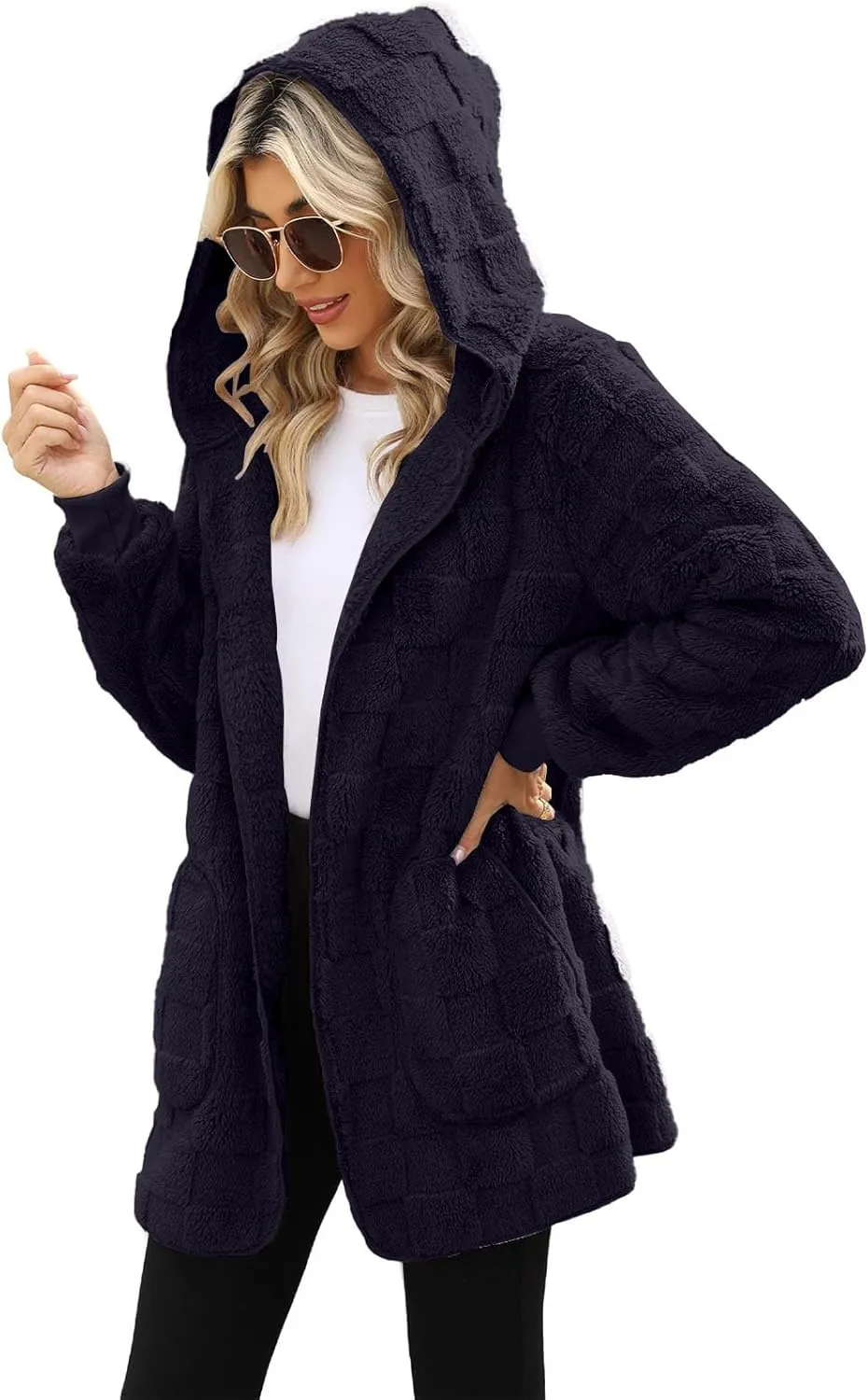 Womens Fleece Jacket Open Front Hooded Cardigan Warm Winter Coat Sherpa Fuzzy Teddy Jacket Outerwear with Pockets