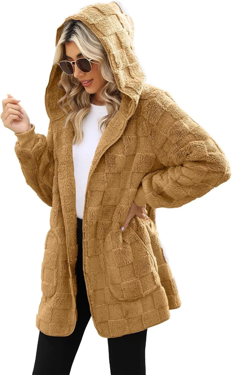 Womens Fleece Jacket Open Front Hooded Cardigan Warm Winter Coat Sherpa Fuzzy Teddy Jacket Outerwear with Pockets