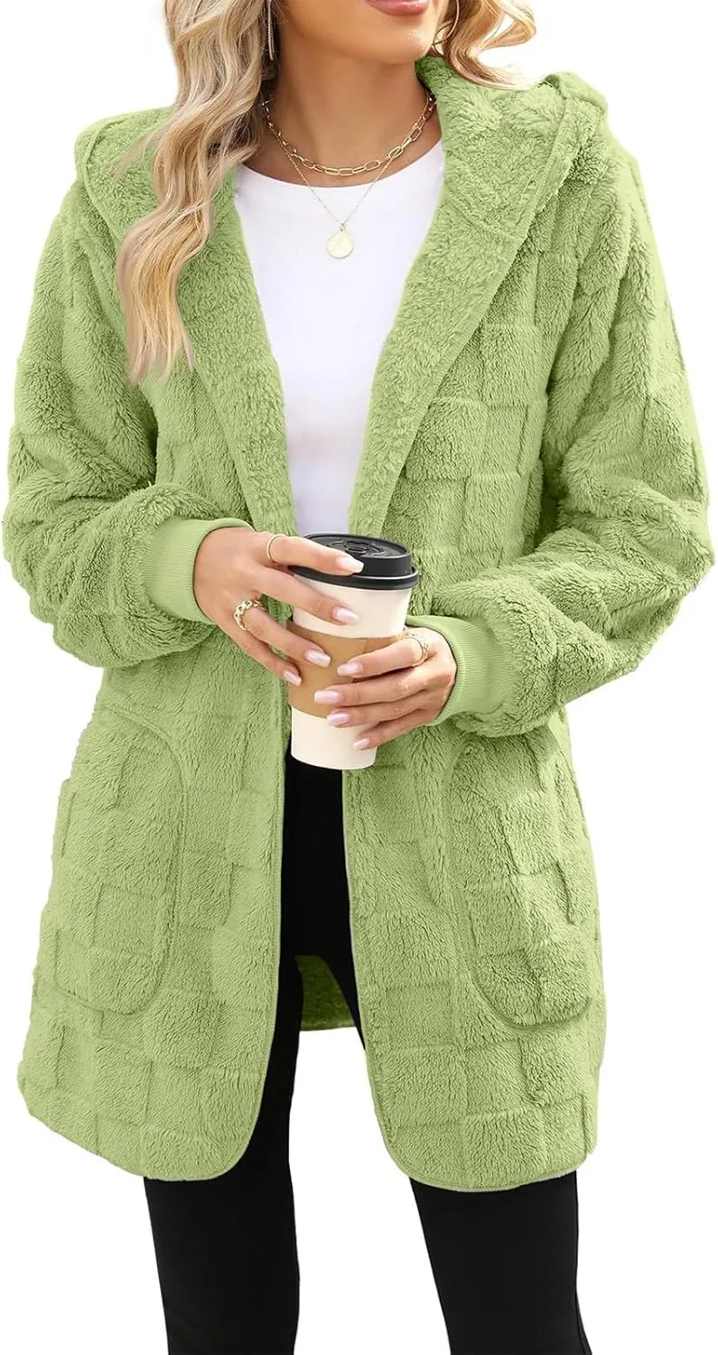 Womens Fleece Jacket Open Front Hooded Cardigan Warm Winter Coat Sherpa Fuzzy Teddy Jacket Outerwear with Pockets