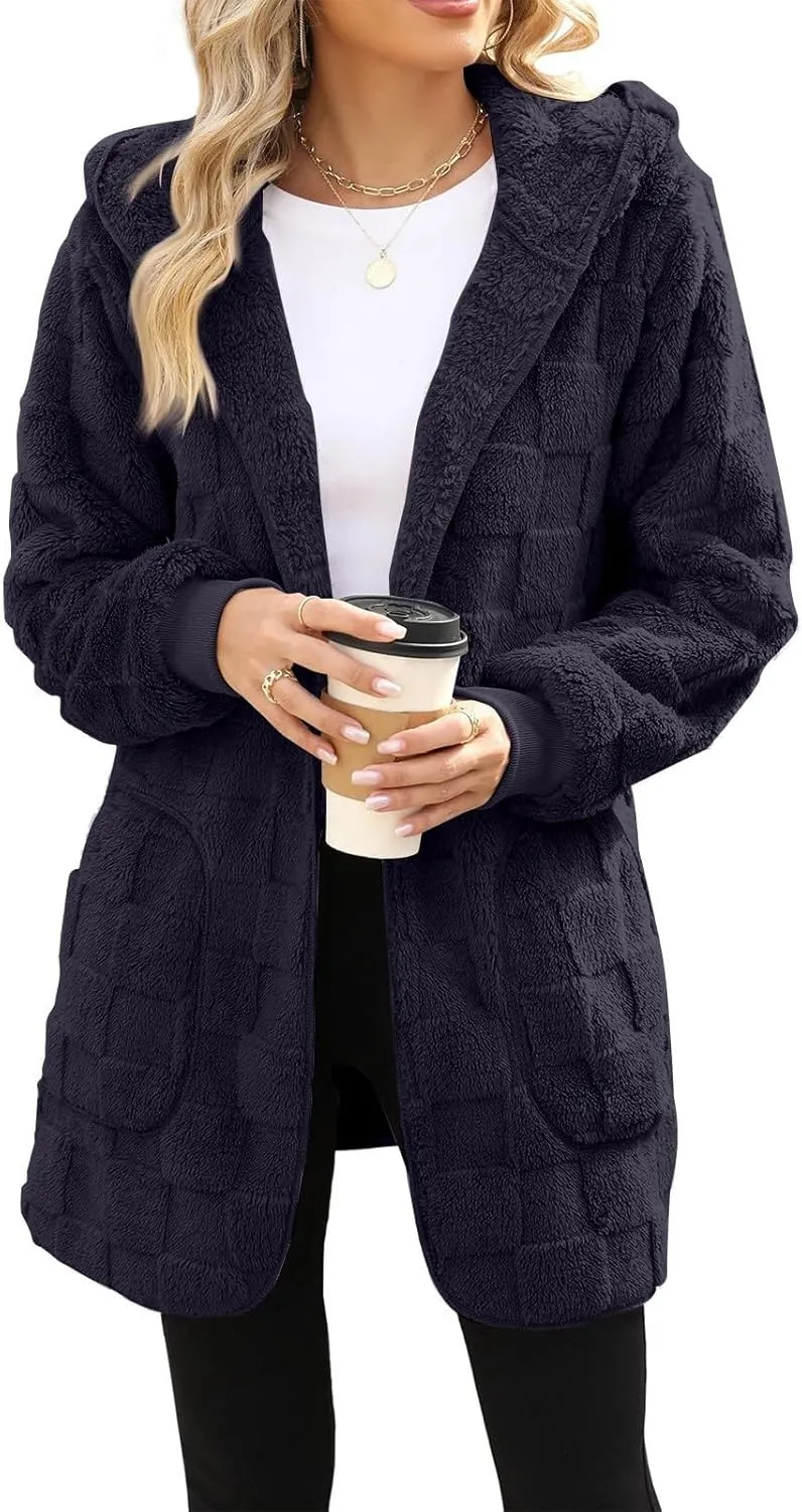 Womens Fleece Jacket Open Front Hooded Cardigan Warm Winter Coat Sherpa Fuzzy Teddy Jacket Outerwear with Pockets