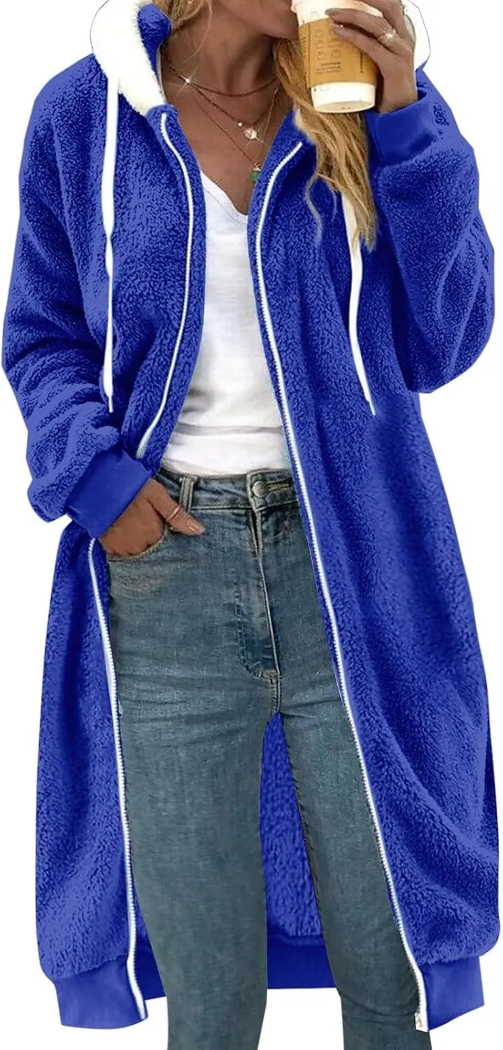 Women's Fuzzy Cardigan Jacket Winter Warm Flannel Fleece Baggy Trendy Hoodies Lightweight Long Length Casual Outwears