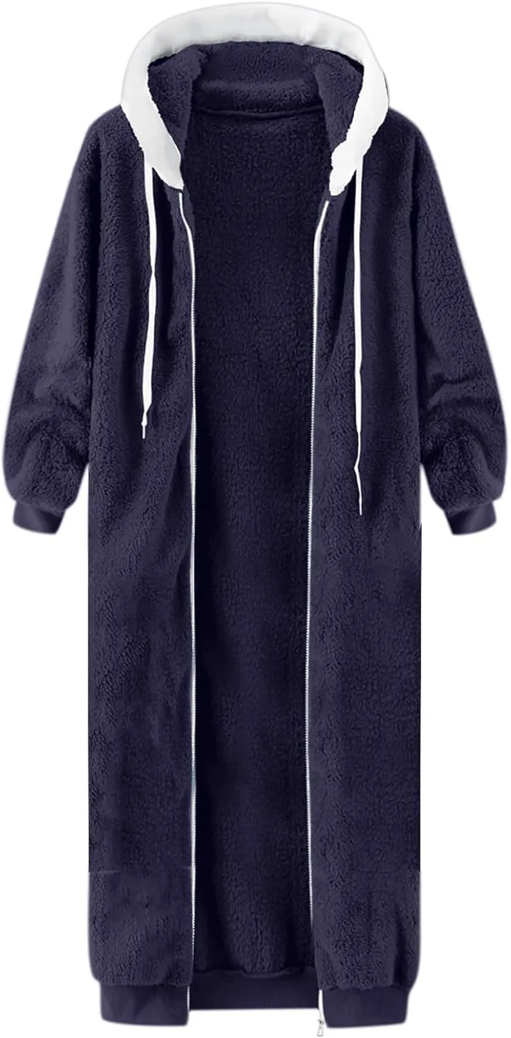 Women's Fuzzy Cardigan Jacket Winter Warm Flannel Fleece Baggy Trendy Hoodies Lightweight Long Length Casual Outwears