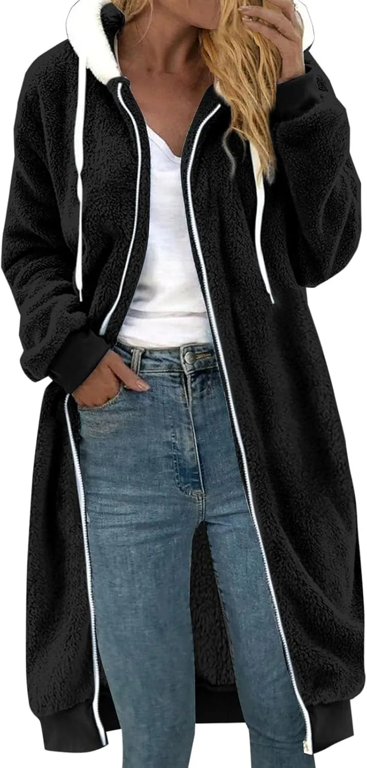 Women's Fuzzy Cardigan Jacket Winter Warm Flannel Fleece Baggy Trendy Hoodies Lightweight Long Length Casual Outwears