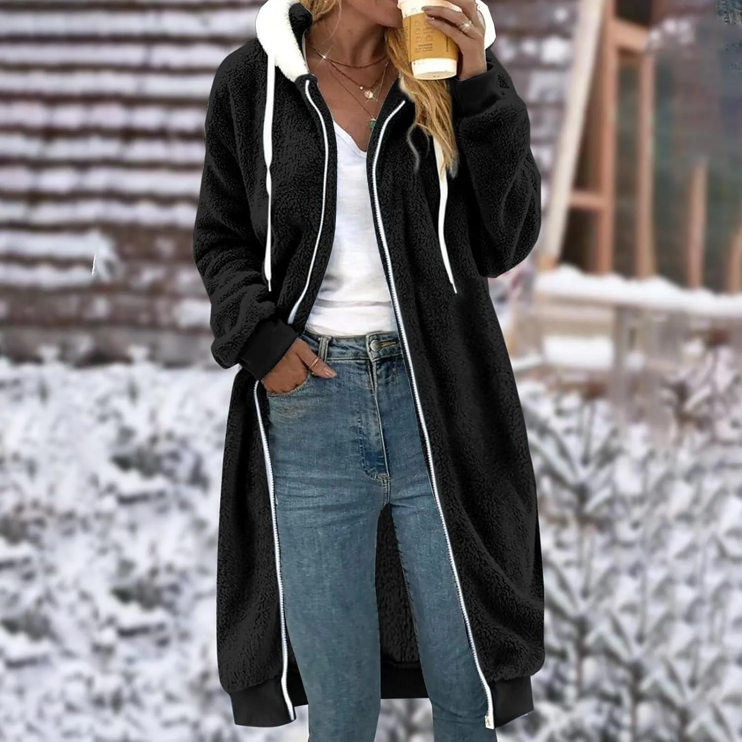 Women's Fuzzy Cardigan Jacket Winter Warm Flannel Fleece Baggy Trendy Hoodies Lightweight Long Length Casual Outwears