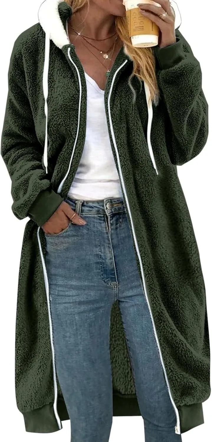 Women's Fuzzy Cardigan Jacket Winter Warm Flannel Fleece Baggy Trendy Hoodies Lightweight Long Length Casual Outwears