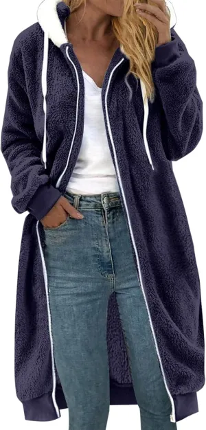 Women's Fuzzy Cardigan Jacket Winter Warm Flannel Fleece Baggy Trendy Hoodies Lightweight Long Length Casual Outwears