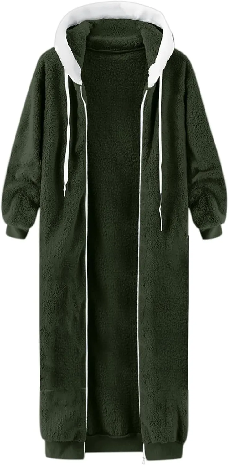 Women's Fuzzy Cardigan Jacket Winter Warm Flannel Fleece Baggy Trendy Hoodies Lightweight Long Length Casual Outwears