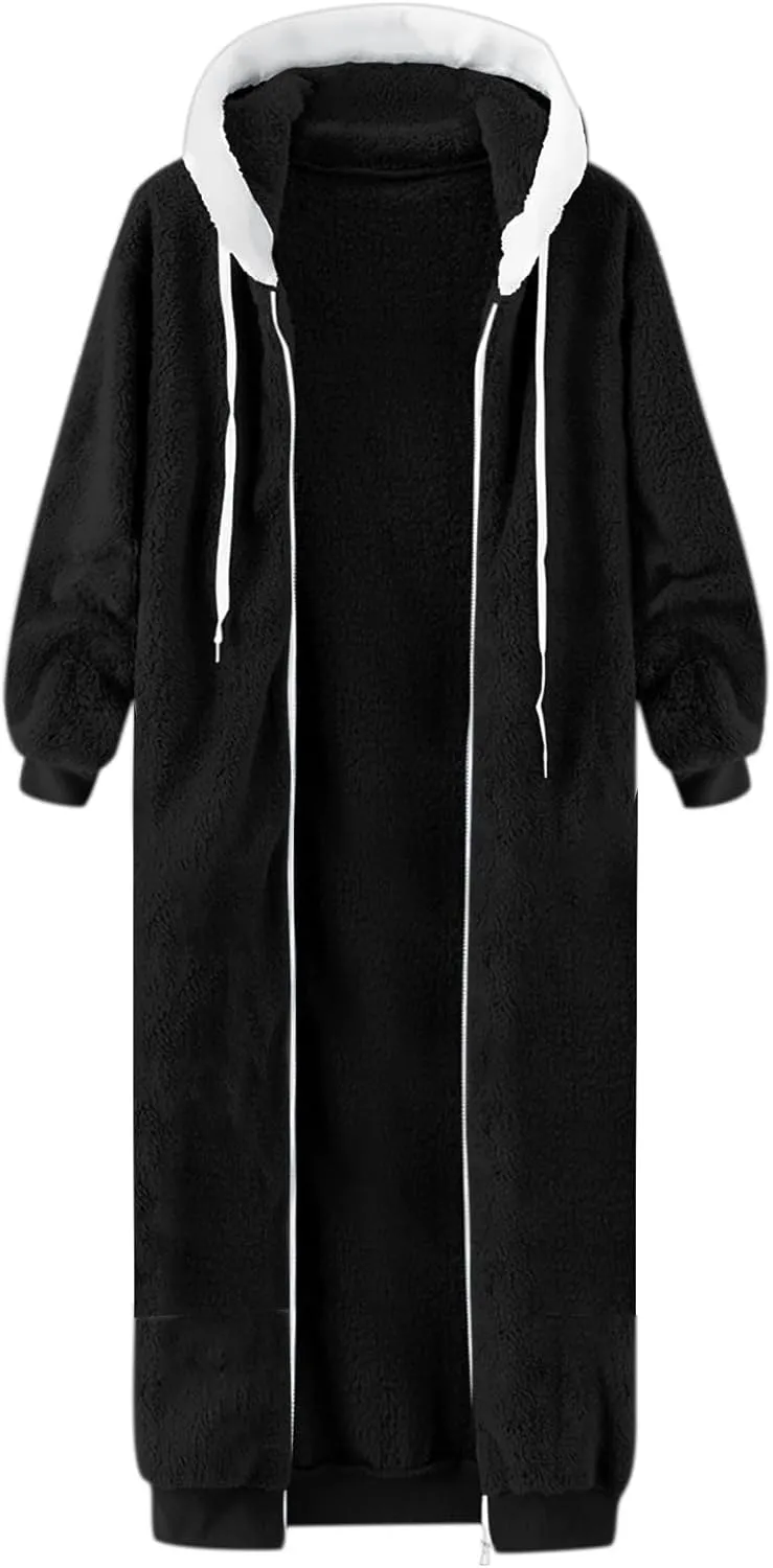 Women's Fuzzy Cardigan Jacket Winter Warm Flannel Fleece Baggy Trendy Hoodies Lightweight Long Length Casual Outwears