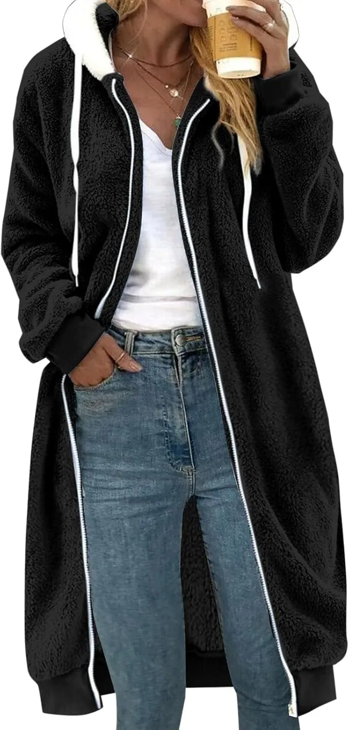 Women's Fuzzy Cardigan Jacket Winter Warm Flannel Fleece Baggy Trendy Hoodies Lightweight Long Length Casual Outwears