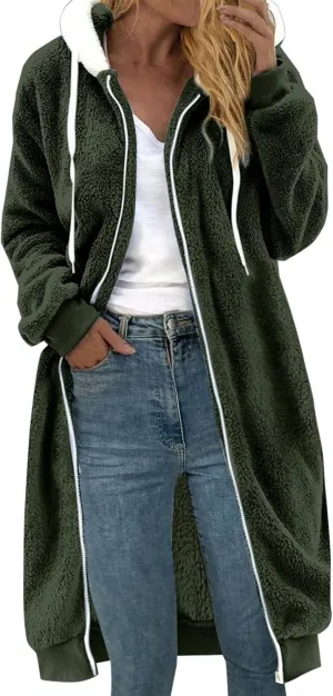 Women's Fuzzy Cardigan Jacket Winter Warm Flannel Fleece Baggy Trendy Hoodies Lightweight Long Length Casual Outwears