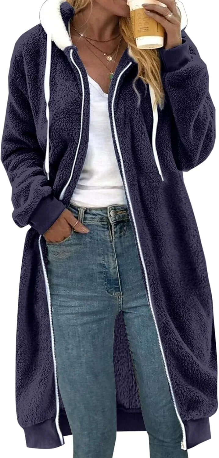 Women's Fuzzy Cardigan Jacket Winter Warm Flannel Fleece Baggy Trendy Hoodies Lightweight Long Length Casual Outwears