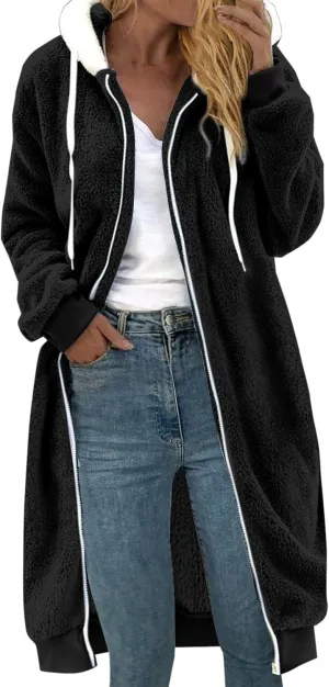 Women's Fuzzy Cardigan Jacket Winter Warm Flannel Fleece Baggy Trendy Hoodies Lightweight Long Length Casual Outwears