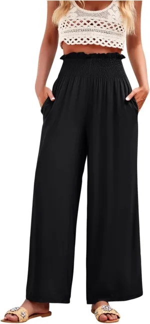 Womens High Waisted Palazzo Pants Casual Ruched Stretchy Flowy Lounge Pants Elastic Waist Loose Trousers with Pockets
