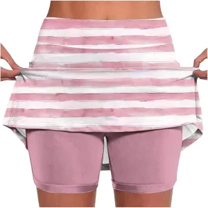 Women's High Waisted Tennis Skirts Striped Color Block Athletic Golf Skorts with Built in Shorts Workout Skirt