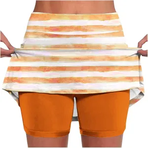 Women's High Waisted Tennis Skirts Striped Color Block Athletic Golf Skorts with Built in Shorts Workout Skirt