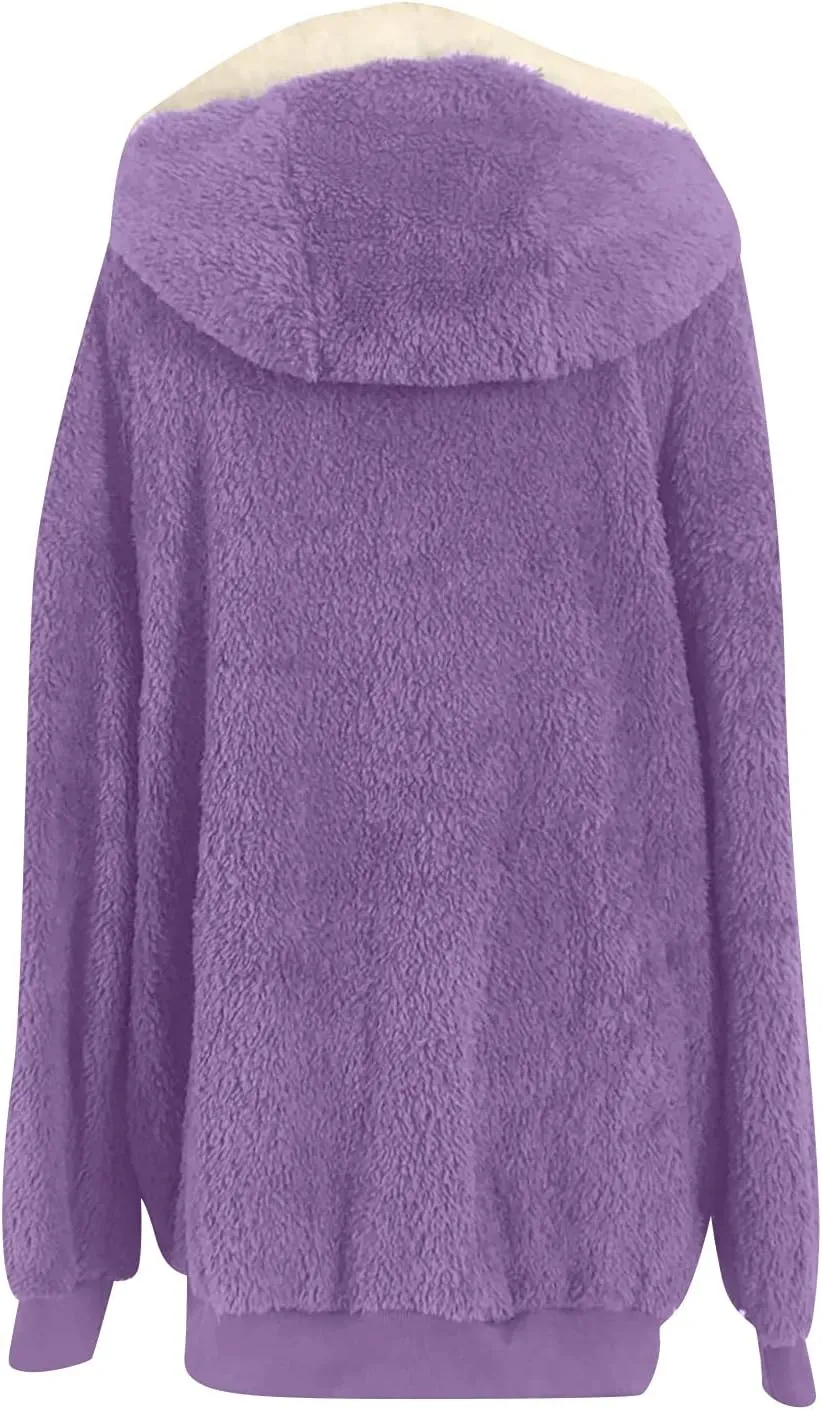 Womens Hooded Zip Up Sherpa Jacket Oversized Fuzzy Hoodies Long Sleeve Soft Fleece Sweatshirts Warm Winter Coat