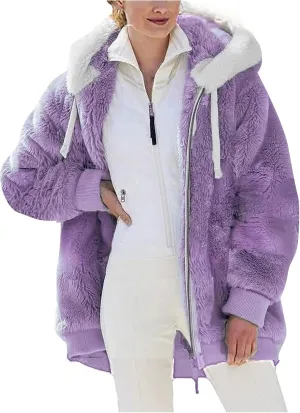 Womens Hooded Zip Up Sherpa Jacket Oversized Fuzzy Hoodies Long Sleeve Soft Fleece Sweatshirts Warm Winter Coat