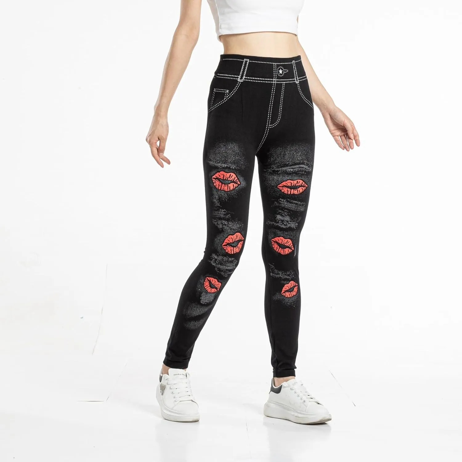 Women's Imitation Denim Leggings Trendy High Waist Stretchy Slim Fit Yoga Trousers Fall Fashion Workout Yoga Pants