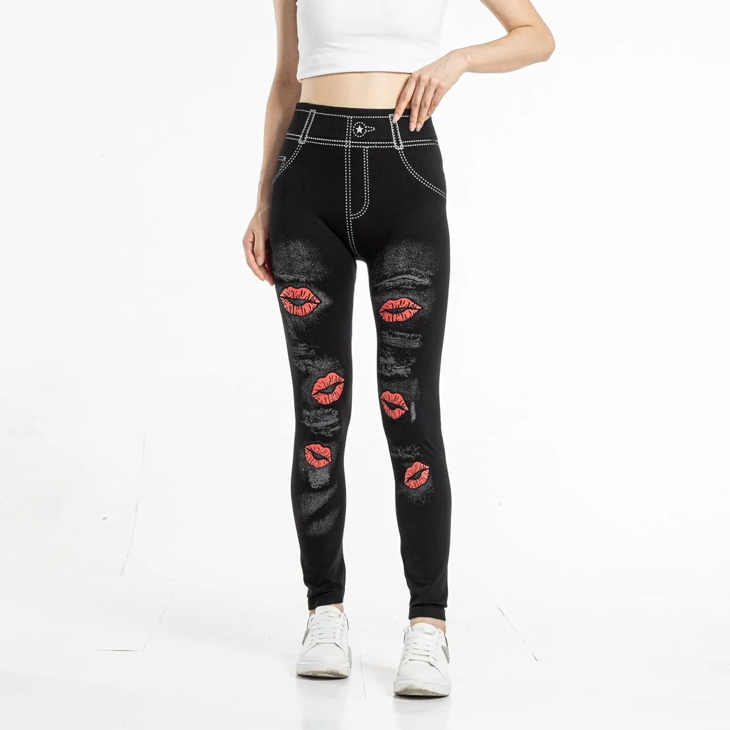 Women's Imitation Denim Leggings Trendy High Waist Stretchy Slim Fit Yoga Trousers Fall Fashion Workout Yoga Pants