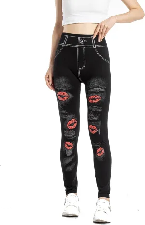 Women's Imitation Denim Leggings Trendy High Waist Stretchy Slim Fit Yoga Trousers Fall Fashion Workout Yoga Pants