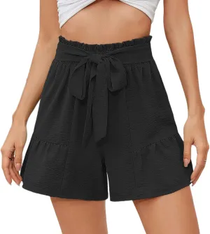 Women's Lightweight Wide Leg High Waisted Shorts Adjustable Tie Knot Loose Summer Cute Trousers