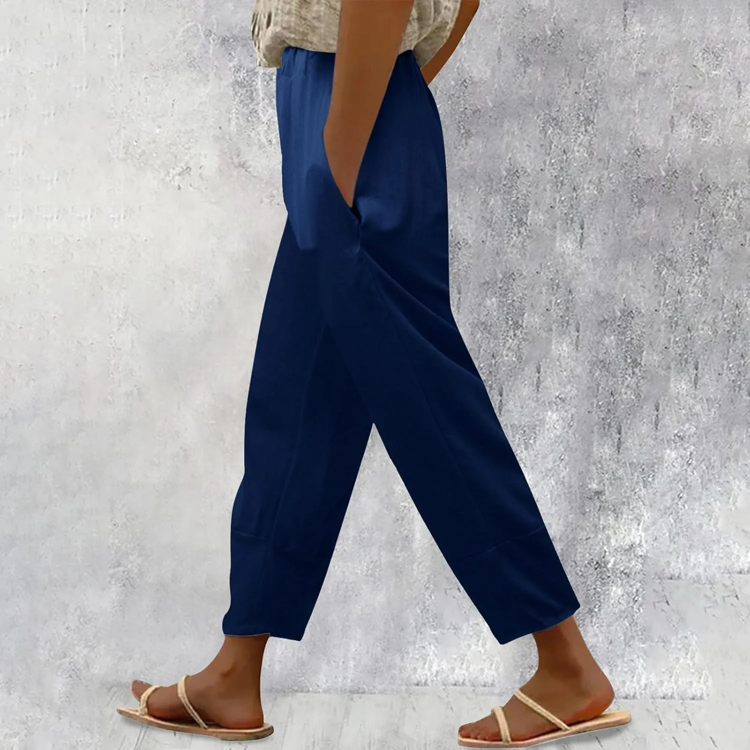 Womens Linen Blend Summer Baggy Pants Elastic Waist Stretchy Straight Plus Size Pant Trousers Beach