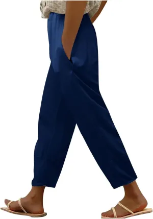 Womens Linen Blend Summer Baggy Pants Elastic Waist Stretchy Straight Plus Size Pant Trousers Beach