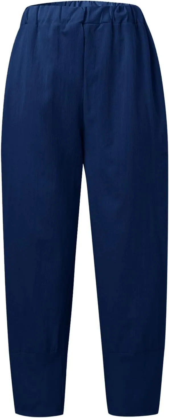 Womens Linen Blend Summer Baggy Pants Elastic Waist Stretchy Straight Plus Size Pant Trousers Beach