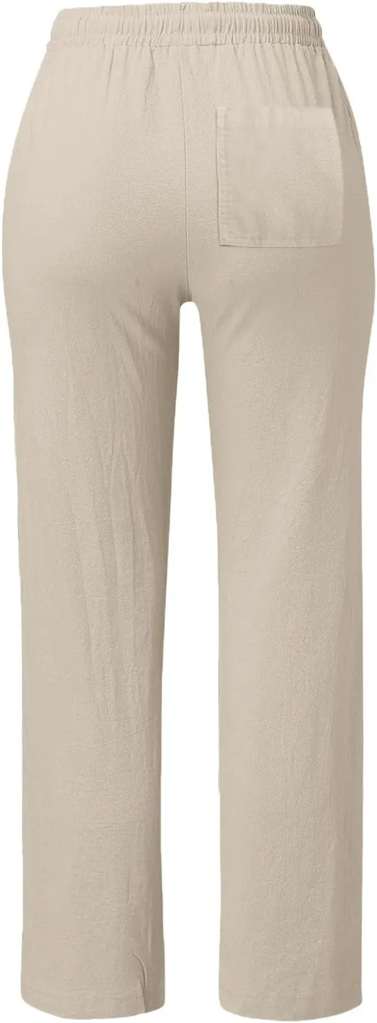 Women's Linen Blend Summer Loose Flowy Palazzo Pants Elastic Waist Stretchy Slim Fit Trouser Vacation
