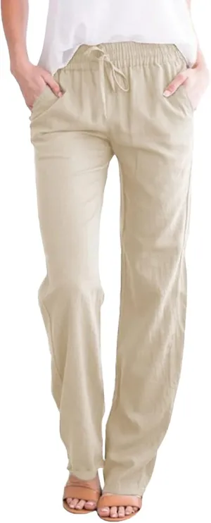 Women's Linen Blend Summer Loose Flowy Palazzo Pants Elastic Waist Stretchy Slim Fit Trouser Vacation