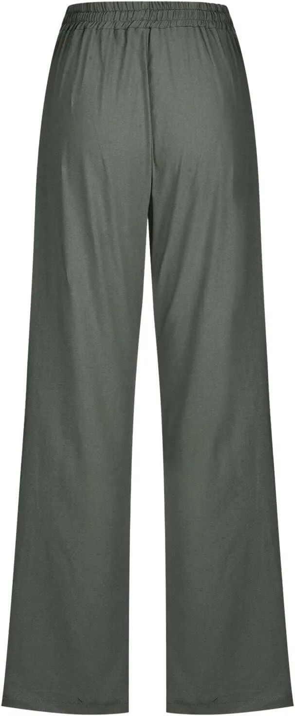 Womens Linen Blend Summer Trendy Palazzo Pants Low Waist Lounge Pants Slim-Fit Trousers Travel