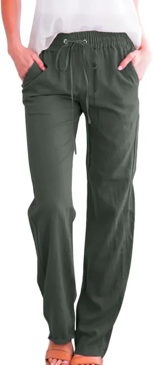 Womens Linen Blend Summer Trendy Palazzo Pants Low Waist Lounge Pants Slim-Fit Trousers Travel