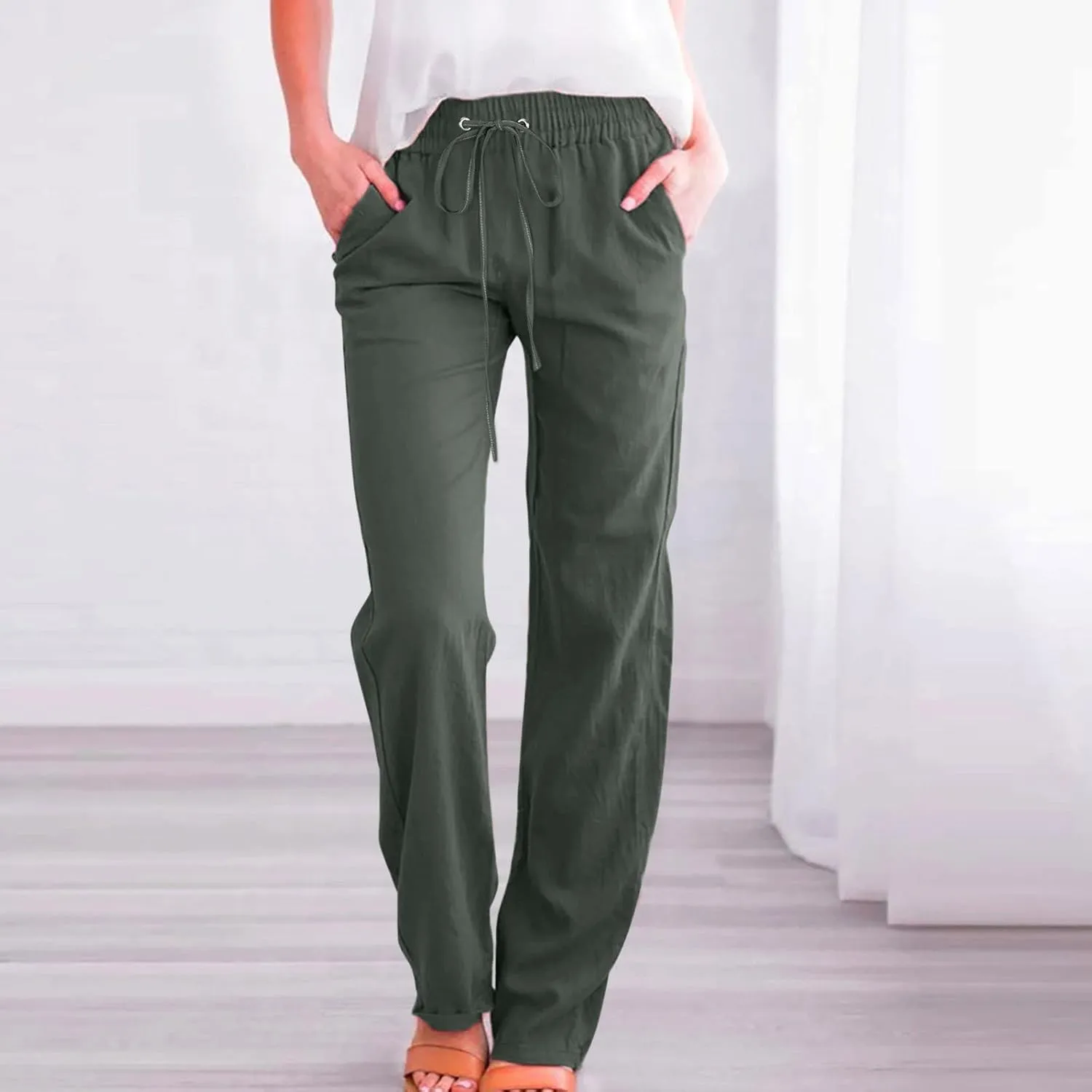 Womens Linen Blend Summer Trendy Palazzo Pants Low Waist Lounge Pants Slim-Fit Trousers Travel