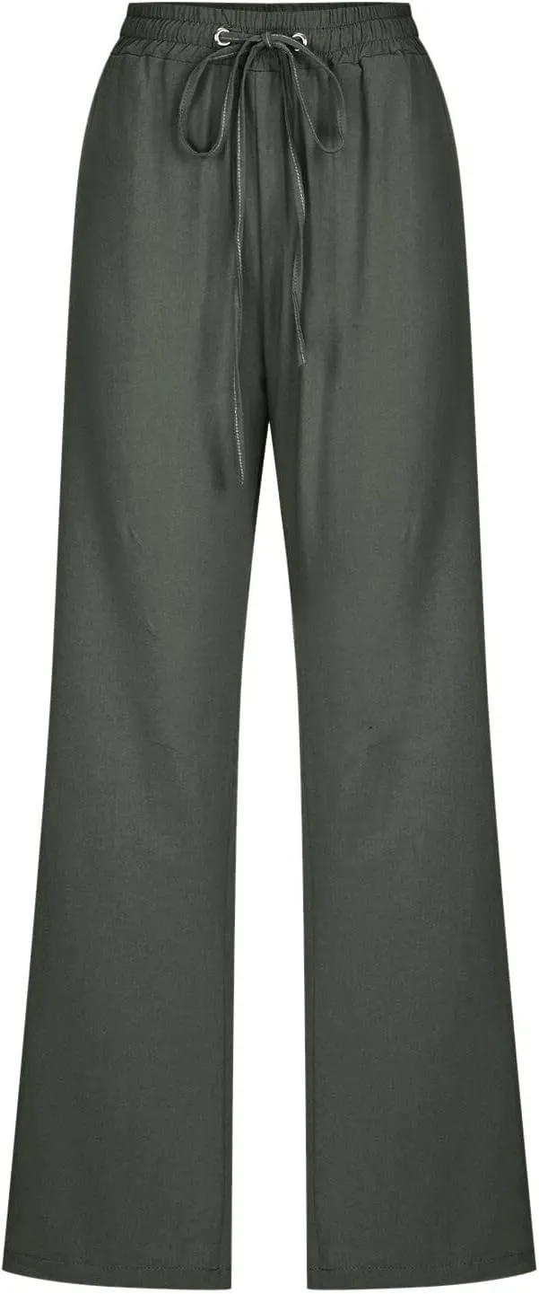 Womens Linen Blend Summer Trendy Palazzo Pants Low Waist Lounge Pants Slim-Fit Trousers Travel