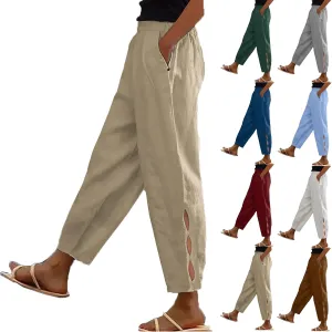 Womens Linen Harem Pants Hollow Elastic Waist Casual Beach Pants Summer Boho Baggy Wide Leg Trousers with Pockets