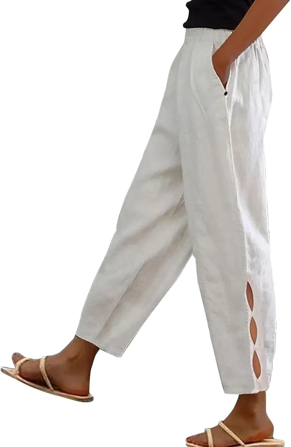 Womens Linen Harem Pants Hollow Elastic Waist Casual Beach Pants Summer Boho Baggy Wide Leg Trousers with Pockets