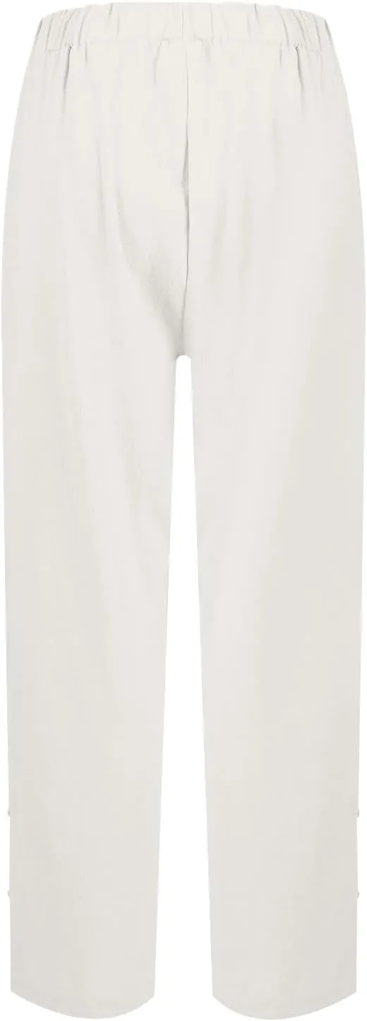 Womens Linen Harem Pants Hollow Elastic Waist Casual Beach Pants Summer Boho Baggy Wide Leg Trousers with Pockets