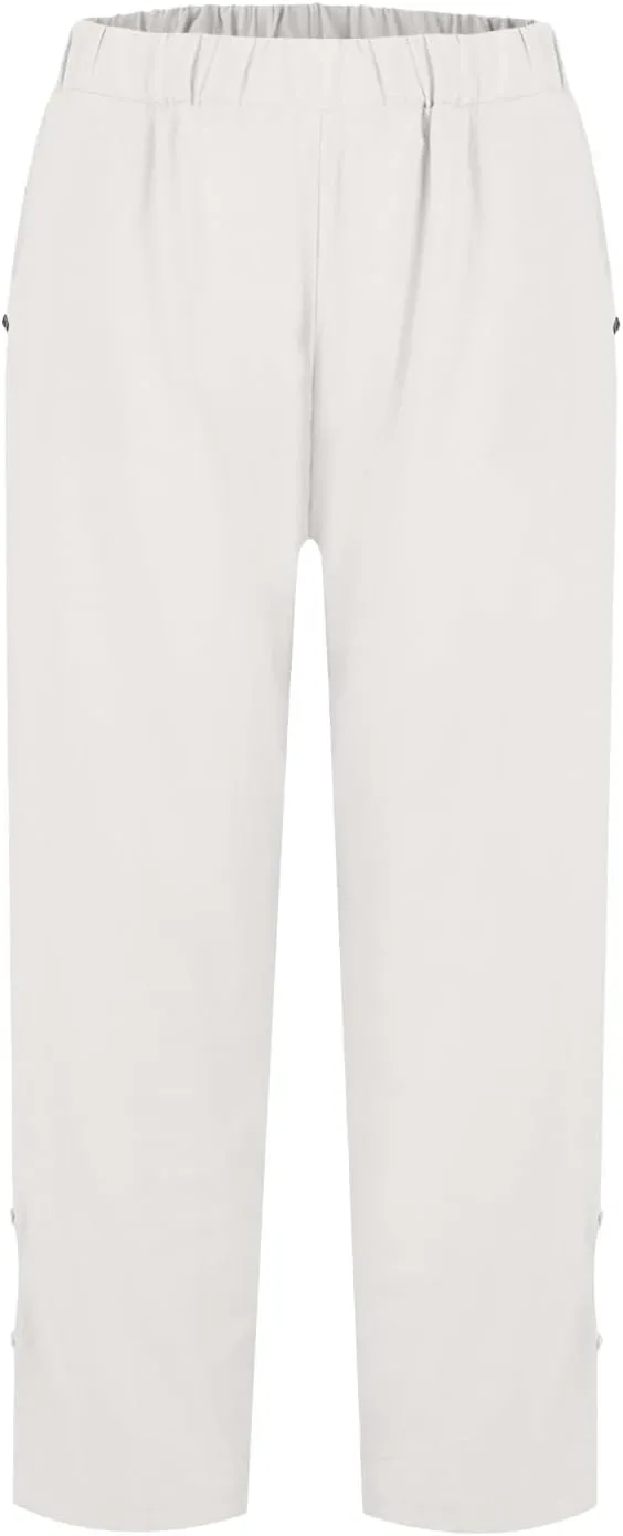 Womens Linen Harem Pants Hollow Elastic Waist Casual Beach Pants Summer Boho Baggy Wide Leg Trousers with Pockets