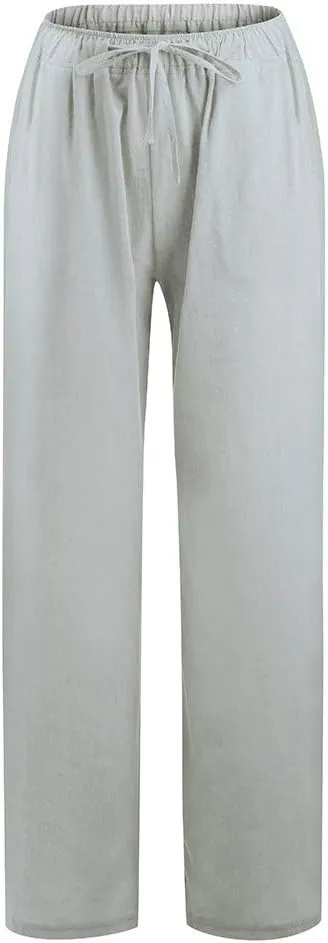 Womens Linen Pants Casual Elastic High Waisted Drawstring Palazzo Pant Trendy Wide Leg Beach Trousers with Pockets