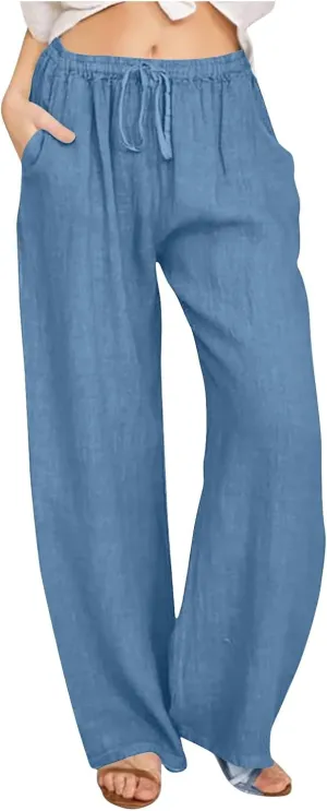 Womens Linen Pants Casual Elastic High Waisted Drawstring Palazzo Pant Trendy Wide Leg Beach Trousers with Pockets