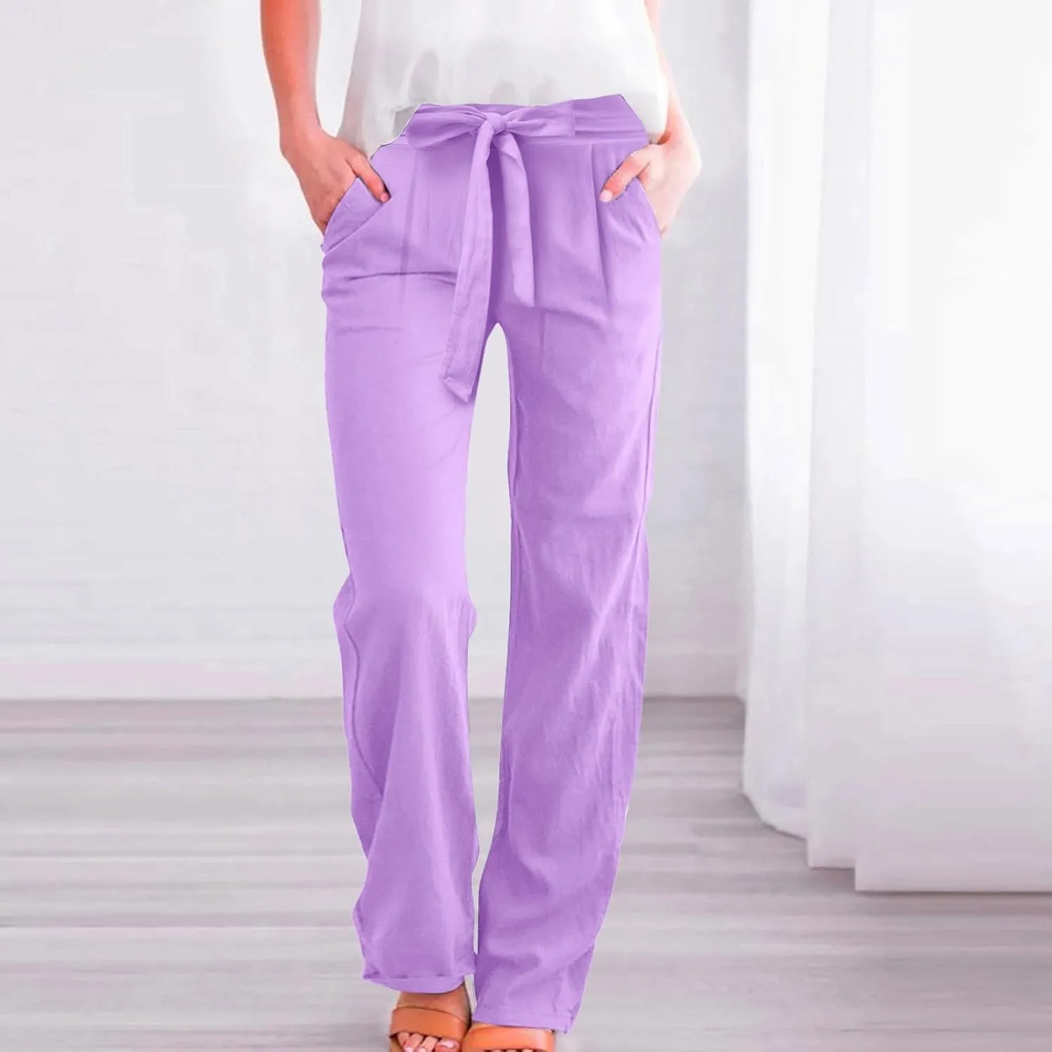 Womens Linen Summer Flowy Pants Elastic Waist Lounge Pants Slim Fit Trouser Travel